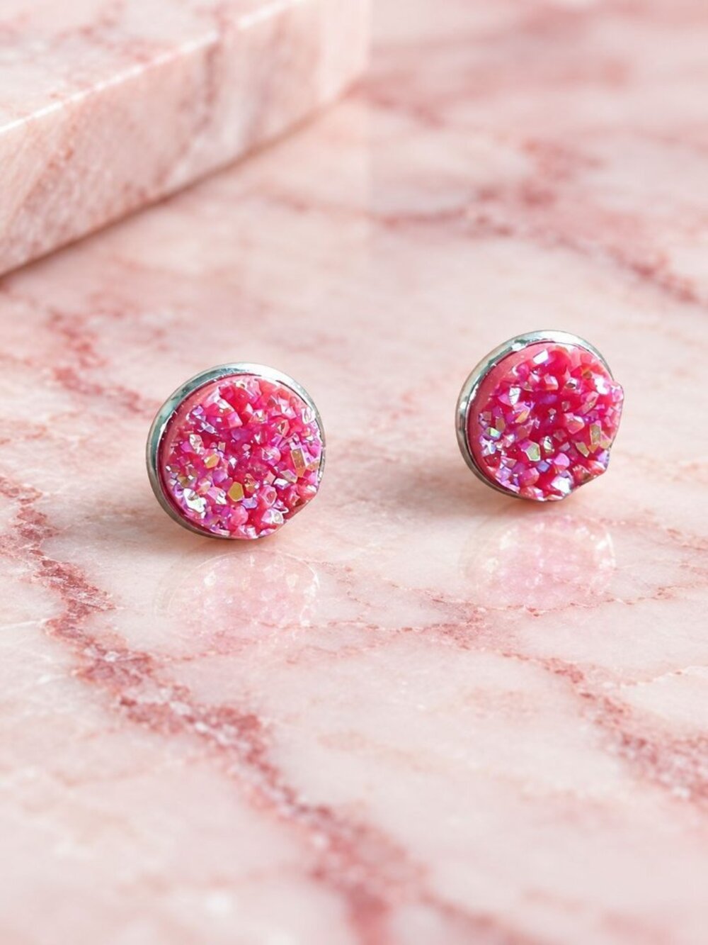 Pink Round Drusy Resin Stud Earrings Glitter Sparkle .5 In Women Jewelry Bling